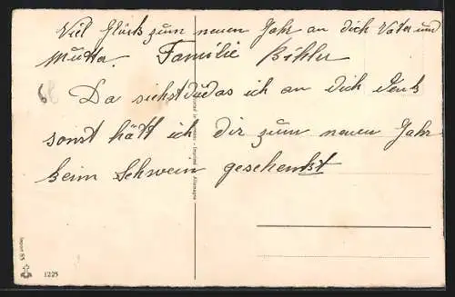 AK Kind im Schlitten, von dickem Schwein gezogen, Neujahrsgruss