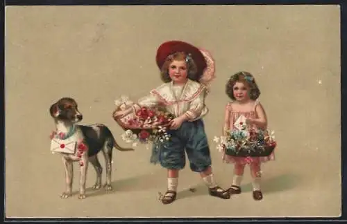 Präge-Lithographie Kleine Gratulanten mit Blumenkörben und Hund als Briefträger