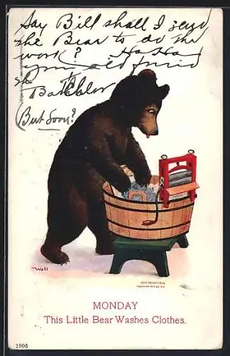 Künstler-AK This little bear washes clothes