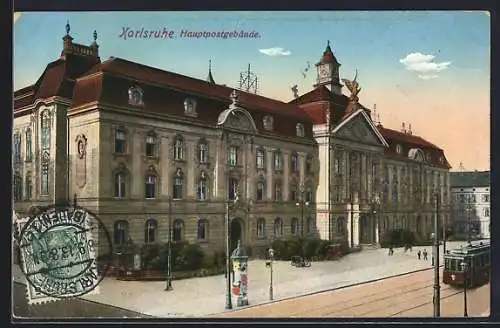 AK Karlsruhe, Strassenbahn und Hauptpostgebäude