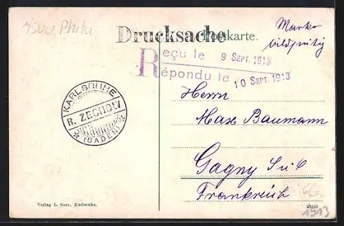 AK Karlsruhe, Strassenbahn und Hauptpostgebäude