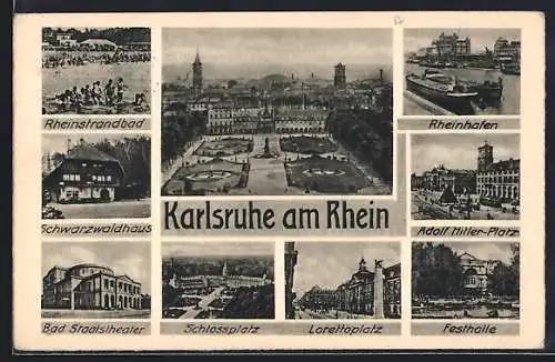 AK Karlsruhe, Rheinstrandbad, Platz, Festhalle