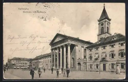 AK Karlsruhe, Marktplatz mit Stadtkirche