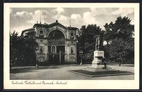 AK Karlsruhe, Festhalle und Bismarck-Denkmal