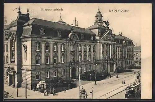 AK Karlsruhe, Hauptpostgebäude mit Strassenbahn