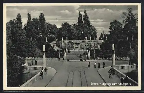 AK Erfurt, Aufgang zum Stadtpark mit Strassenpartie