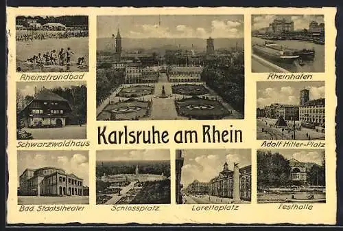 AK Karlsruhe am Rhein, Schwarzwaldhaus, Festhalle, Platz