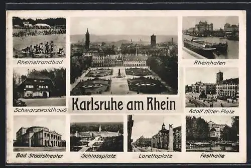 AK Karlsruhe am Rhein, Schwarzwaldhaus, Festhalle, Platz