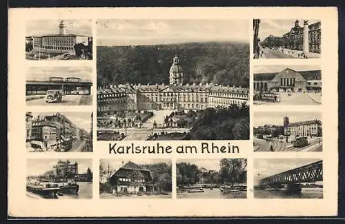 AK Karlsruhe am Rhein, Schloss, Brücke, Strassenpartie mit Strassenbahn