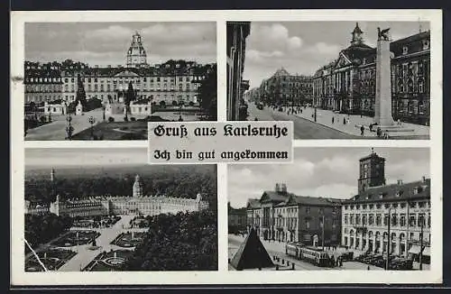 AK Karlsruhe, Schloss, Denkmal, Strassenpartie mit Strassenbahn