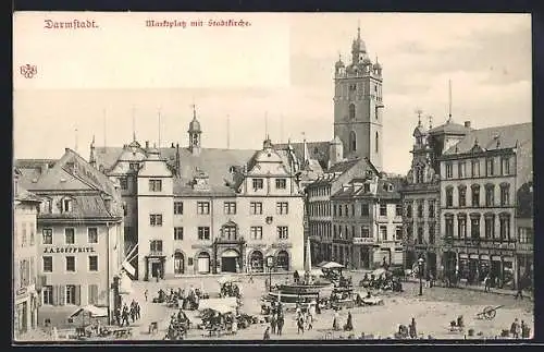 AK Darmstadt, Marktplatz mit Stadtkirche, Laden Gustav Landau, Geschäft von J. A. Zoepperitz, Händler