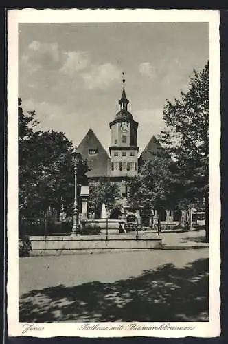 AK Jena, Rathaus mit Bismarckbrunnen