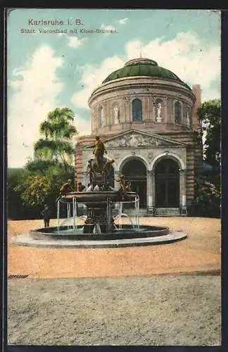 AK Karlsruhe i. B., Städt. Vierortbad mit Klose-Brunnen