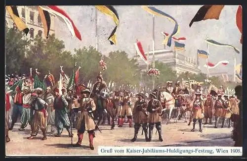 Künstler-AK Kaiser-Jubiläums-Huldigungsfestzug, Wien 1908