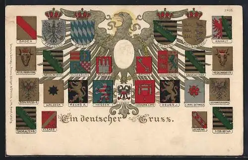 Künstler-AK Bruno Bürger & Ottillie Nr. 3705: Wappen der deutschen Länder mit Adler, Baden, Preussen, Bayern