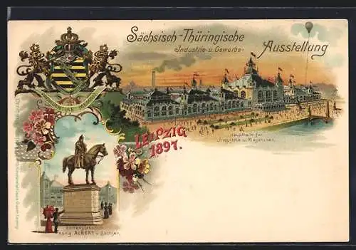 Lithographie Leipzig, Sächsisch-Thüringische Industrie- & Gewerbe-Ausstellung 1897, Reiterstandbild König Albert, Halle