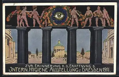 AK Dresden, Internationale Hygiene Ausstellung 1911, Blick durch ein Tor