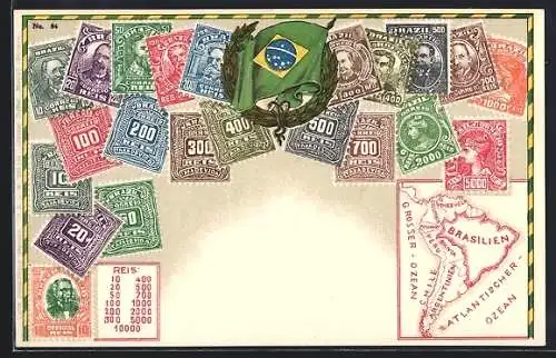 AK Briefmarken, Kranz mit brasilianischer Flagge