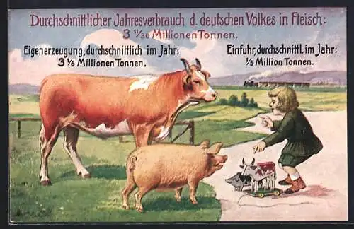 AK Volkswirtschaftliche Wahrheiten Nr. 9, Durchschnitts-Jahresverbrauch des deutschen Volkes in Fleisch, Kuh / Schwein