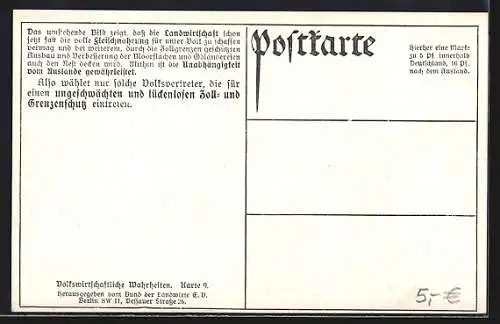 AK Volkswirtschaftliche Wahrheiten Nr. 9, Durchschnitts-Jahresverbrauch des deutschen Volkes in Fleisch, Kuh / Schwein