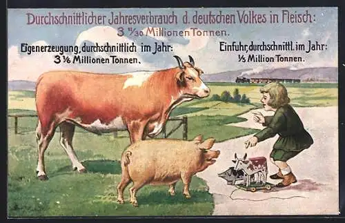 AK Volkswirtschaftliche Wahrheiten Nr. 9, Durchschnitts-Jahresverbrauch des deutschen Volkes in Fleisch, Kuh / Schwein