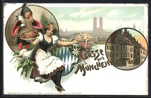 Lithographie München, Ortsansicht, Frau in Tracht mit Würstchen und Münchner Kindl