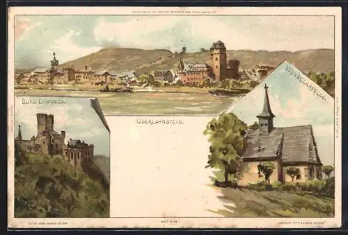 Künstler-AK Carl Biese: Oberlahnstein, Ortsansicht, Burg Lahneck