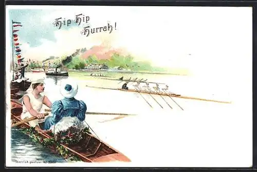 Lithographie Ruder-Regatta, Zieleinlauf der 4er Ruderboote