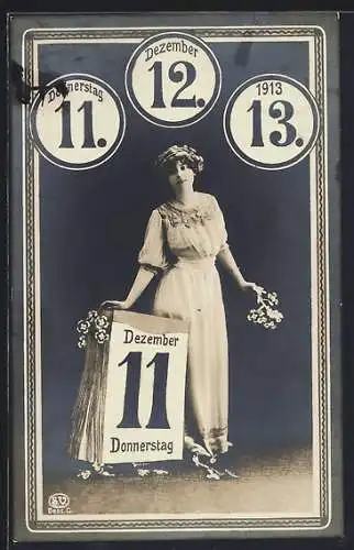 AK Donnerstag 11. Dezember 1913, junges Mädchen neben einem Kalender stehend