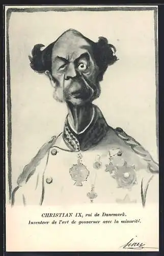 AK König Christian IX. von Dänemark in Uniform, Karikatur