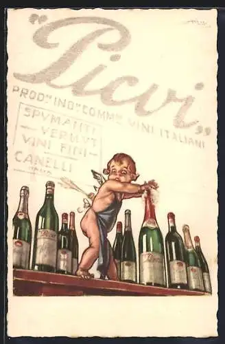 Künstler-AK Mauzan: Picvi Vini Italiani, Engel versucht Flaschen zuzuhalten