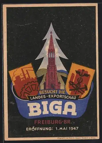 Künstler-AK Freiburg i. B., Werbung für den Besuch der Landes-Exportschau BIGA 1947