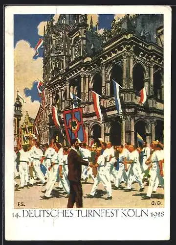 AK Köln, 14. Deutsches Turnfest 1928, Festzug der Athleten am Rathaus