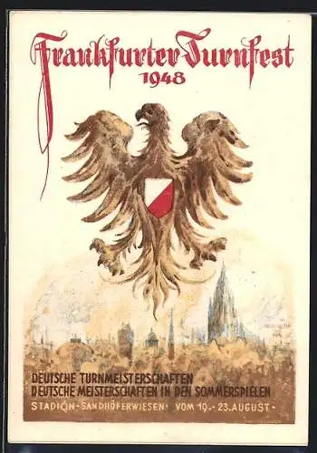 Lithographie Frankfurt, Turnfest 1948, Adler mit Wappen über der Stadt