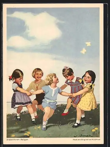 Künstler-AK W.I.: Indanthren-Reigen, Reklame, Kinder tanzen auf der Wiese