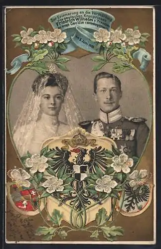 AK Kronprinz Wilhelm von Preussen mit Herzogin Cecilie v.Meklenburg-Schwerin, Erinnerung a.d.Vermählung 1905, Wappen