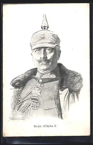 Künstler-AK Kaiser Wilhelm II. mit Pickelhaube-Überzug