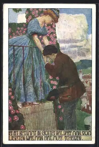 Künstler-AK sign. Franz Thiel: Mann nimmt Abschied von der Liebsten