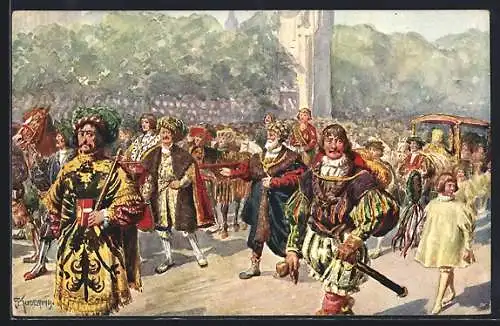 Künstler-AK Kaiser-Jubiläums-Huldigungsfestzug, Wien 1908, Gruppe V: Doppelhochzeit der Enkel Kaiser Maximilians I.