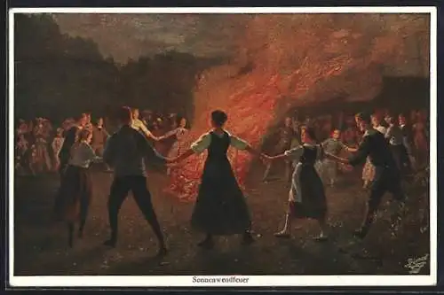 Künstler-AK Robert Kämmerer: Tanzende Leute am Sonnenwendfeuer