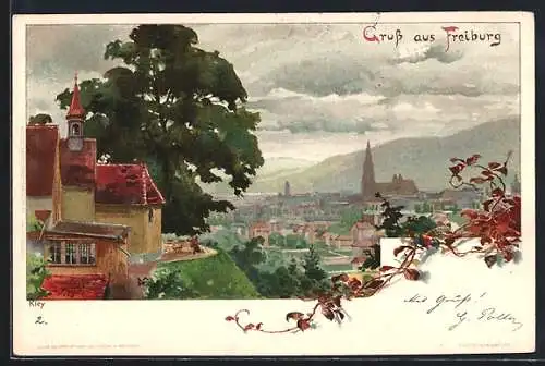 Künstler-AK Heinrich Kley: Freiburg, Teilansicht mit Blick auf die Kirche