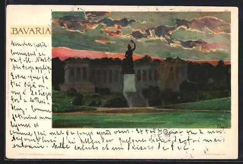 Künstler-AK Heinrich Kley: München, Bavaria und Ruhmeshalle bei Abendstimmung