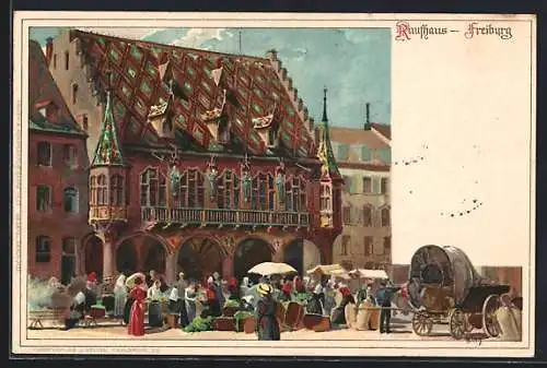 Künstler-AK Heinrich Kley: Freiburg, Marktstände vor dem Rathaus