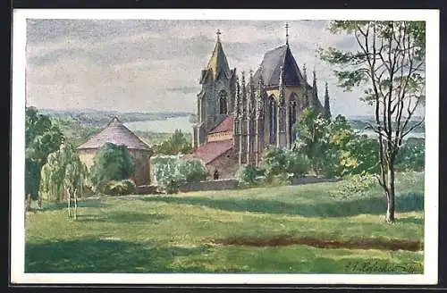 Künstler-AK E.F. Hofecker: Deutsch-Altenburg a. d. Donau, Stiftskirche mit Blick zum Fluss