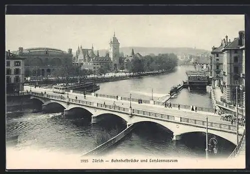 AK Zürich, Landesmuseum und Bahnhofbrücke mit Strassenbahn