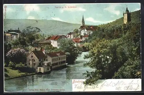 AK Baden, Partie an der Limmat, Mühle, um 1900