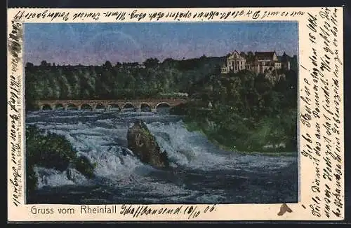 Künstler-AK Rheinfall, Ortspartie mit Wasserfall