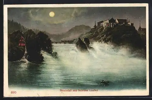 AK Laufen, Schloss mit Rheinfall bei Mondschein