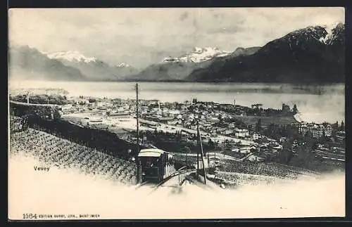 AK Vevey, Teilansicht mit Bergbahn