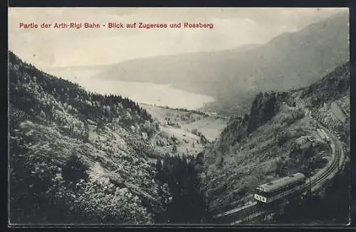 AK Rigi, Partie der Arth-Rigi-Bahn mit Blick auf Zugersee und Rossberg